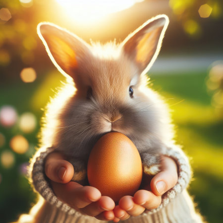 Easter bunny and Easter eggs on green grass field spring meadow.の素材