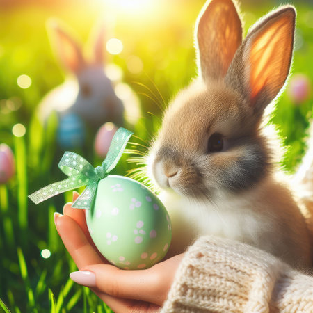 Easter bunny and Easter eggs on green grass field spring meadow.の素材