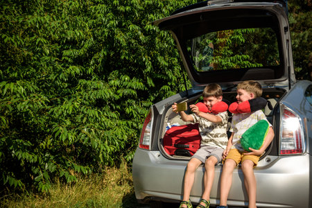 Two adorable little kids boy sitting in car trunk just before leaving for summer vacation. Sibling brothers making selfie on smartphone. Happy family going on long journey.の写真素材