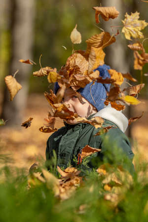 boy in autumn leaves