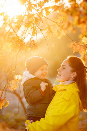 boy with mom in autumn in the leavesの写真素材