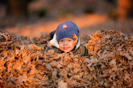 boy in a hat is lying in leavesの写真素材