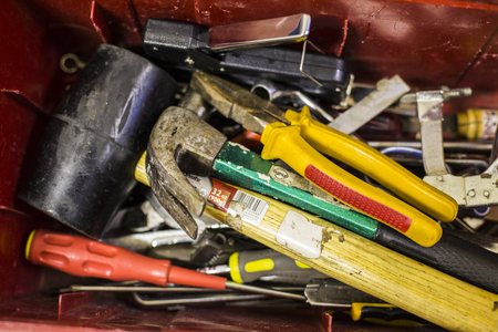 Handyman's tools in a toolbox.のeditorial素材