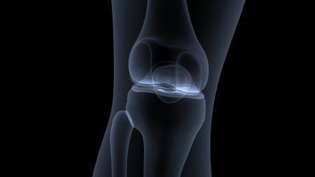X-ray of human knee joint on black background. 3D illustrationの写真素材