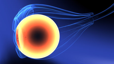 Digital illustration of  eye   in colour  background with lightの写真素材