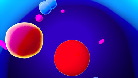 3d illustration of red blood cell in blue background with colorful spheresの写真素材