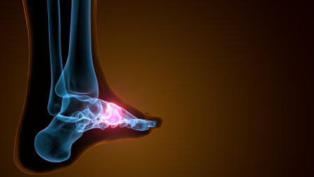 X-ray image of human foot on dark background. 3D illustrationの写真素材