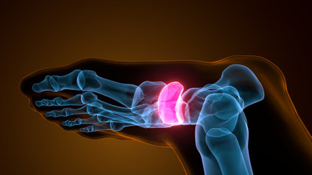 X-ray of human foot with pain in the joints. 3D illustration.の写真素材