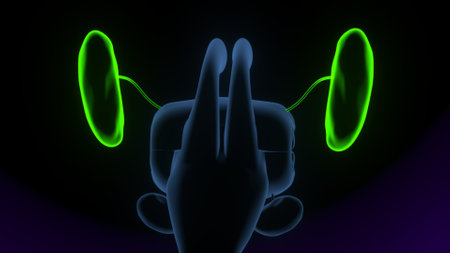 3d illustration of human ear with hearing aid in neon light.