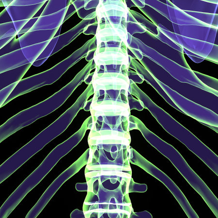 X-Ray image of human spine on a black background. 3D illustrationの写真素材