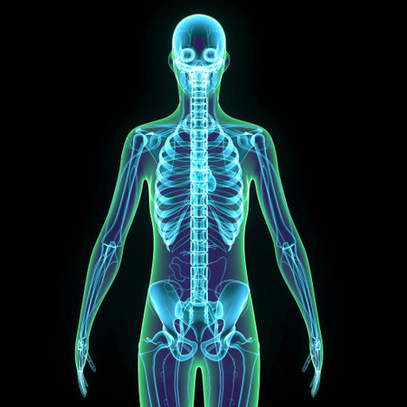 Human skeleton anatomy x-ray with visible bones isolated on black backgroundの写真素材