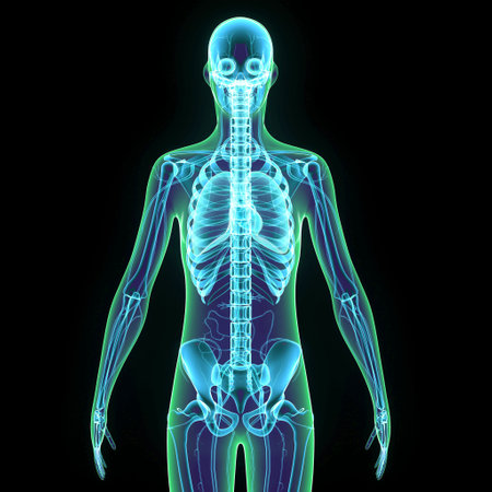 Human skeleton x-ray view with visible skeleton. 3D illustration.の写真素材