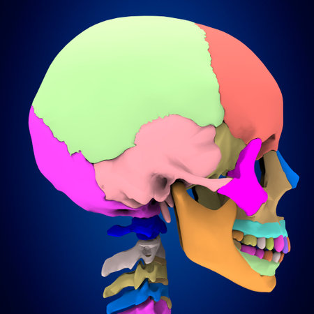 Human skull with colorful bones on blue background. 3D illustration.の写真素材