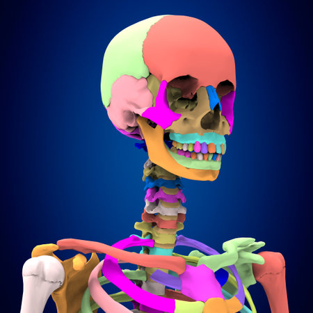 Human skeleton anatomy on blue background. 3D illustration, 3D renderingの写真素材