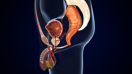 Human kidney anatomy, 3D illustration. Human kidney anatomy with highlighted kidneys.