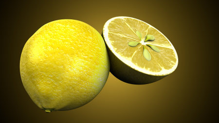 A whole lemon and a sliced half showing the internal segments against a dark background. 3D illustration.の写真素材