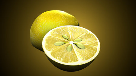 Lemon fruit with slice on yellow background. 3D illustration.の写真素材