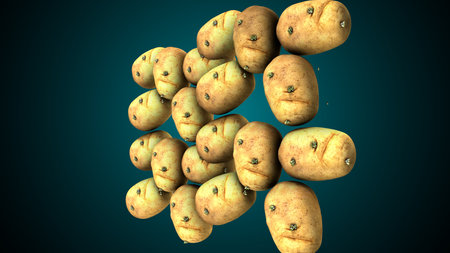 Falling potatoes on blue background. 3D illustration. 3D rendering.の写真素材