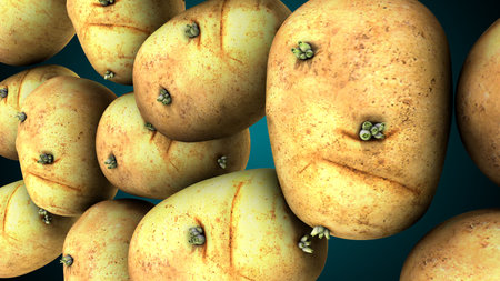 Funny potatoes with emotions on a blue background. 3d illustrationの写真素材