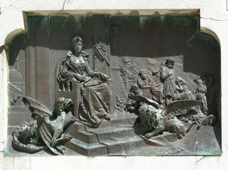 Bas-relief on monument at Dubrovnik made in venetian stile. Lion with vings simbolises Venetia.   の写真素材