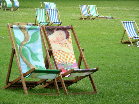A colourful deck chairs in St James park at London          の写真素材