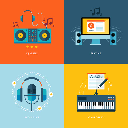 Set of flat design concept icons for music industry  Icons for dj music, playing, music recording, piano composing のイラスト素材