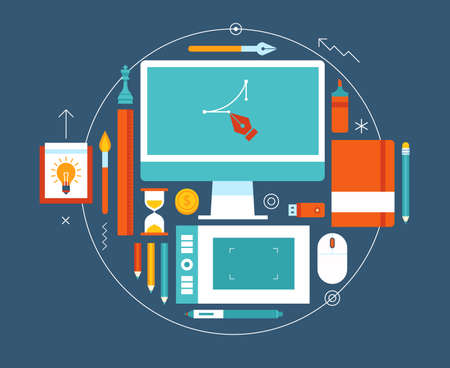 Flat design illustration of modern creative designer workspace with computer.のイラスト素材