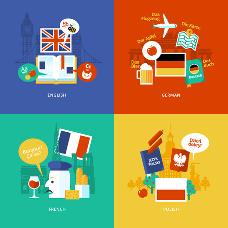 Set of flat design concept icons for foreign languages. Icons for english, german, french and polish.のイラスト素材