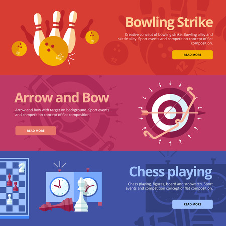 Set of flat design concepts for bowling strike, arrow and bow, chess playing. Concepts for web banners and print materialsのイラスト素材