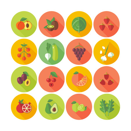 Set of flat design circle icons for fruits and vegetables.のイラスト素材