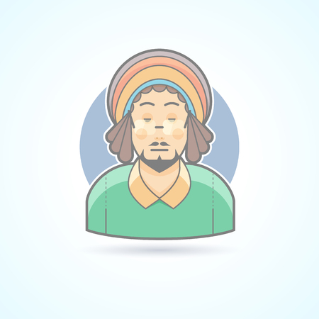 Rastafarian man, hippie, guy with dreadlocks icon. Avatar and person illustration. Flat colored outlined style.のイラスト素材