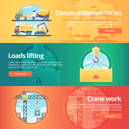 Vector color flat banners set for the building and construction. Construction vehicles, weight lifting, crane work illustrations.のイラスト素材