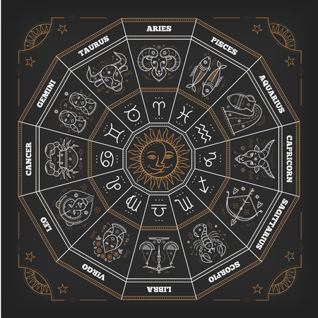 Zodiac circle with horoscope signs. Thin line vector design. Astrology symbols and mystic signs.のイラスト素材