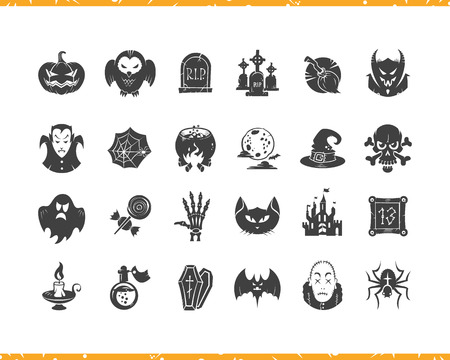 Halloween cartoon icons set. Black silhouette labels isolated on white background.のイラスト素材