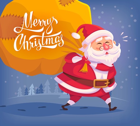 Cute cartoon Santa Claus delivering gifts in big bag Merry Christmas vector illustration Greeting card posterのイラスト素材