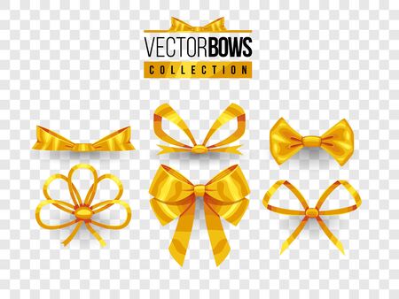 Set of isolated vector bow knots. Elegant golden ribbons collection. Silky decoration elements.のイラスト素材