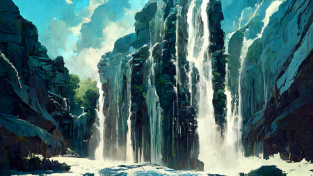 Poetic waterfall painting, digital artworkの写真素材