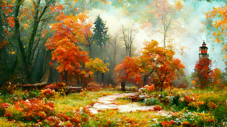 Forest in autumn scenery, realistic digital paintingの写真素材