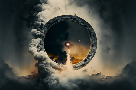 Circular gate with smoke exploding outwards, digital painting artwork