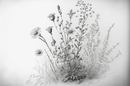 Wild flowers and herbs pencil sketchの写真素材