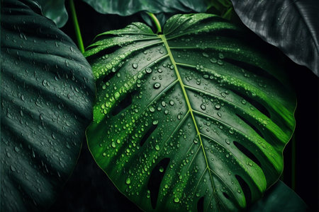 Foliage of tropical leaf in dark green with rain drops, digital painting artwork