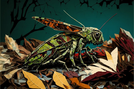 Grasshopper eating and destroying leaves, digital painting artwork, abstract background