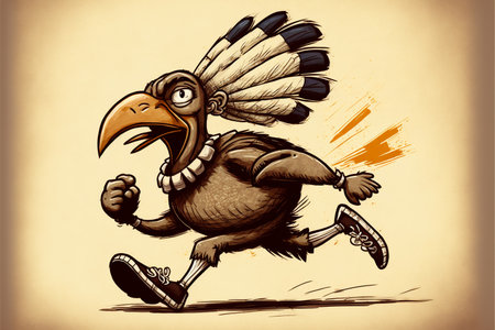Football turkey bird character running in thanksgiving, digital fine artの写真素材
