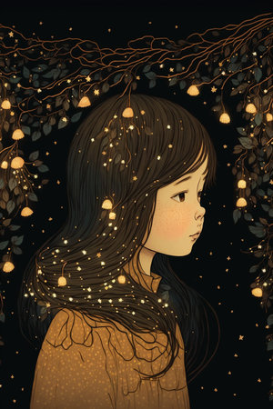 Cute girl in christmas warm gold garland lights over dark backgroudの写真素材