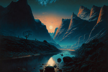 Mountain valley with the river in beautiful evening, creative digital painting, 3D illustrationの写真素材