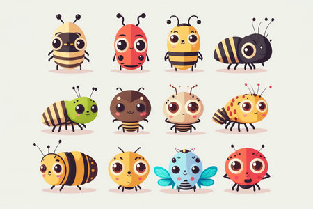 Cute cartoon kawaii insect set, creative digital painting