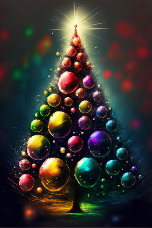 Christmas tree with baubles and blurred shiny lights, digital painting artworkの写真素材