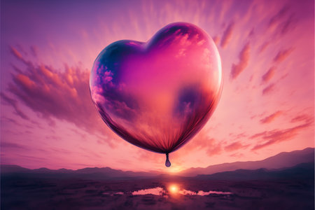 Balloon in heart shape on pink sky love concept, 3D renderingの写真素材