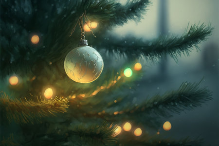 Christmas tree with baubles and blurred shiny lights, digital painting artworkの写真素材