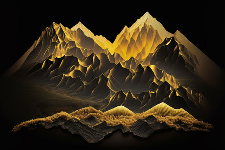 Beautiful golden mountains line art isolated on a black background
